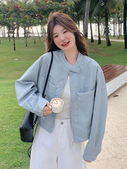 Lunivop Sweet Biker Pu Jacket Women Vintage Preppy Style Big Pockets Short Coat Casual Korean Long Sleeve Retro O Neck Cute Tops