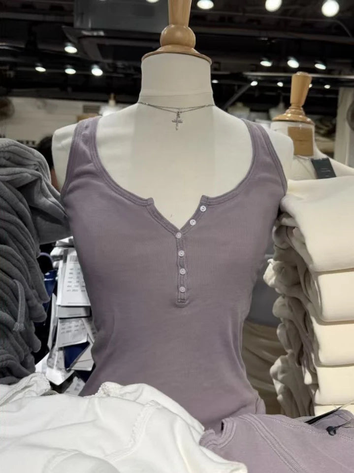 Lunivop  Six Buttons Army Green Slim Tank Top Woman Summer  Y2KStreetwear U Collar Sleeveless Cotton Vest American Vintage Basic Tops New