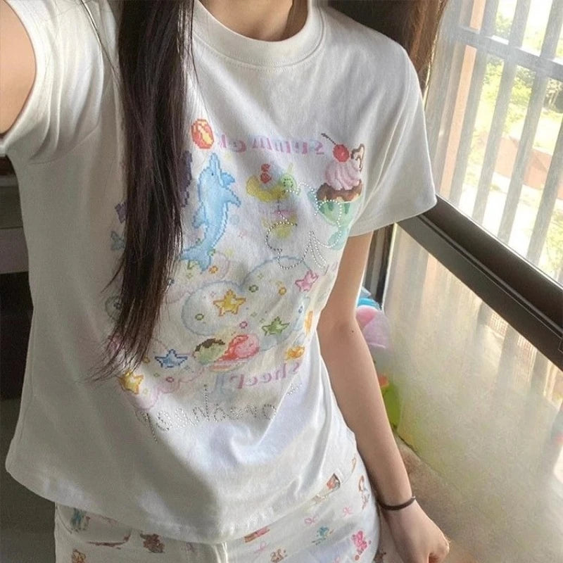 Lunivop  Sweet T Shirts Women Cartoon Printed Graffiti Short Sleeve Slim Stretch Summer Fashion Tops Female Casual Y2k Tshirt