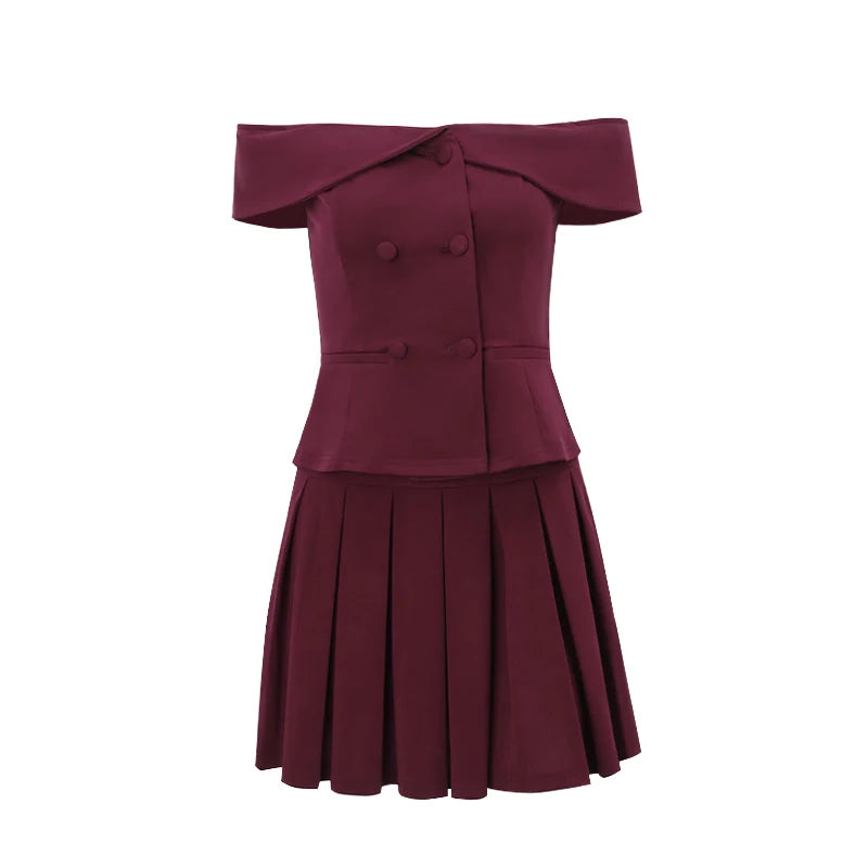 Lunivop   Sexy Off Shoulder Y2K Strapless Double Breasted 2 Piece Set Slim Collar Top And Mini Pleated Skirt Street Women's Set