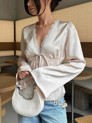 Lunivop  Sexy Solid Lace Patchwork Women Top Fashion Long Sleeve V-neck Hollow Out Female Blouse Summer Autumn Holidays Lady New