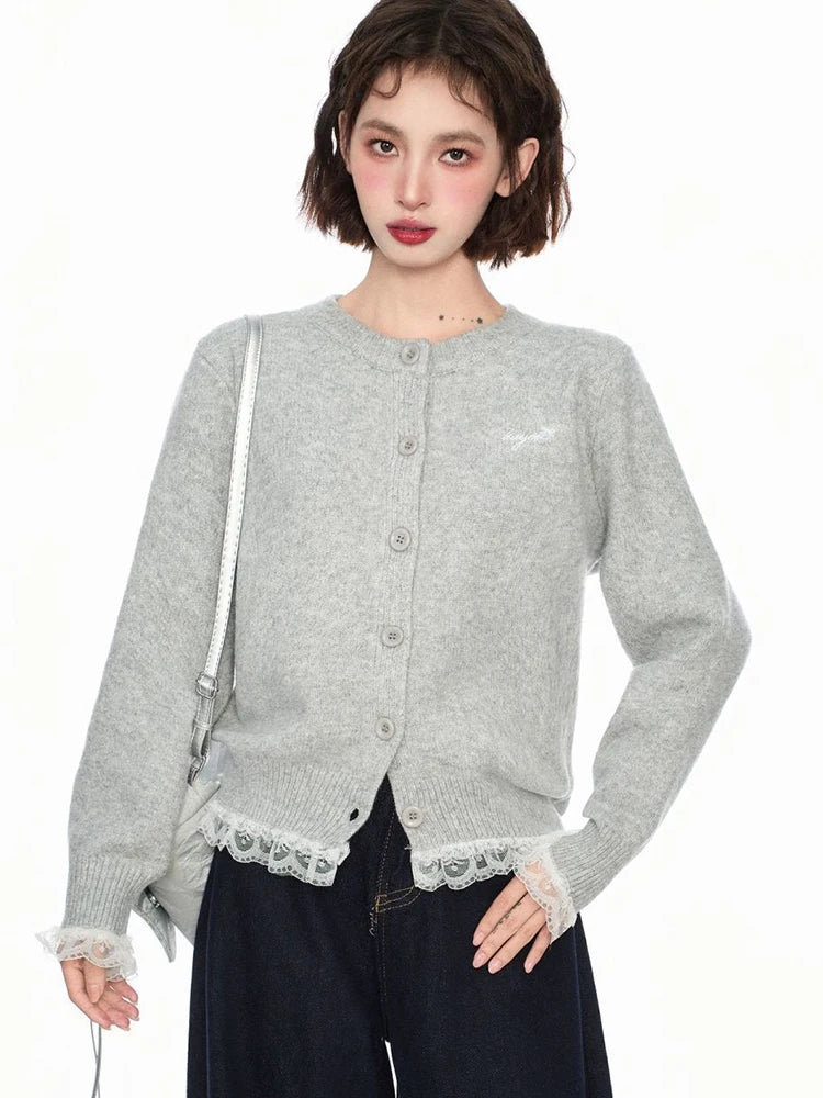 Lunivop Lace Patchwork Retro Cardigan Women Streetwear Long Sleeve O Neck Knitted Sweaters American Casual Letter Vintage Fall Tops