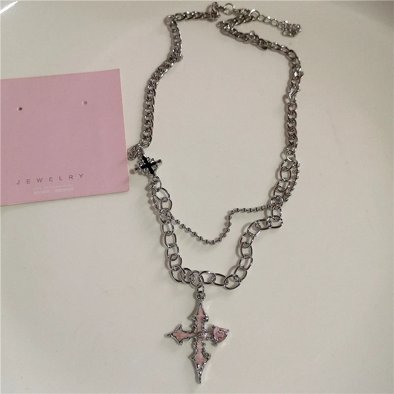 Lunivop Gothic Y2K Pink Cross Heart Pendant Chain Choker Necklace For Women Egirl Hip Hop Punk Charms Aesthetic Jewelry EMO Accessories