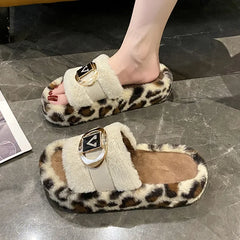 Lunivop Winter Fluffy Slippers Women New Leopard House Home Fur Slippers Women Designer Metal Decor Cozy Fuzzy Platform Slides
