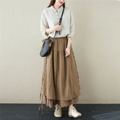 Lunivop  Japanese Cotton Linen Long Skirts Women Vintage Embroider Lace Up A-line Sweet Elastic Hight Waist Lolita Female Pleated Skirt