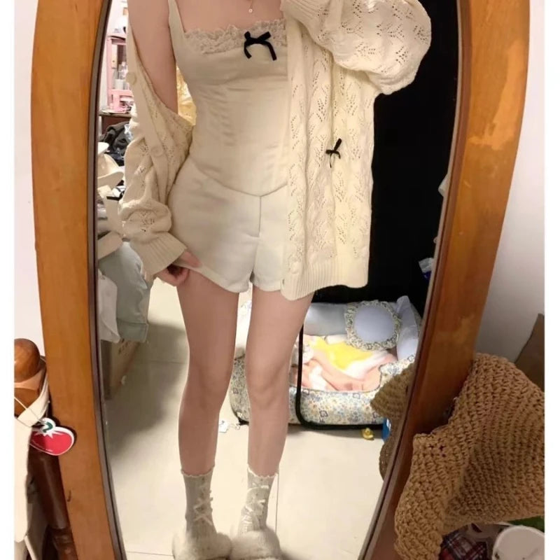 Lunivop Coquette Cardigan Sweater Woman Kawaii Bow Hollow Out Knitted Tops Korean Fashion Sweet Preppy Cute Aesthetic Solid