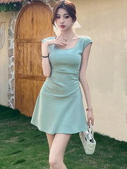 Lunivop  Women Green Knitted Short Sleeve O-Neck Mini Dress Summer Pleated Bodycon Hip Wrap Dress Korean Fashion Casual Party Dress