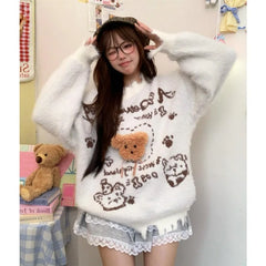 Lunivop Bear Cartoon Print American Vintage Mink Cashmere Letter Pullovers O Neck Long Sleeve Y2K Sweaters Women Sueter Mujer Knitted