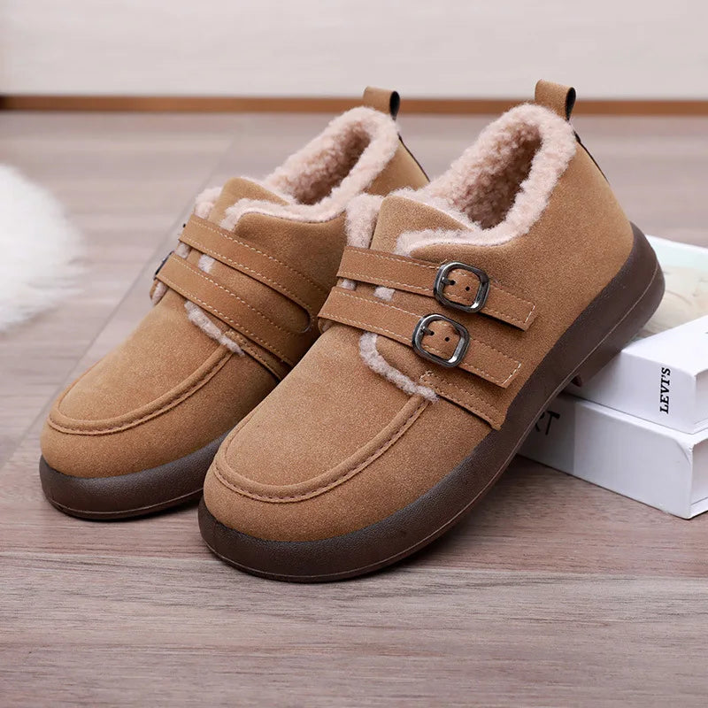 Lunivop Autumn Winter Casual Flat Shoes for Women Moccasins Soft Loafers Fashion Buckle Warm Plush Slip on Female Cotton Shoes