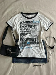 Lunivop Y2k Vintage Gothic Letter Print Women T-Shirts Harajuku Short Sleeve American Retro Tees Streetwear Slim Gyaru Summer
