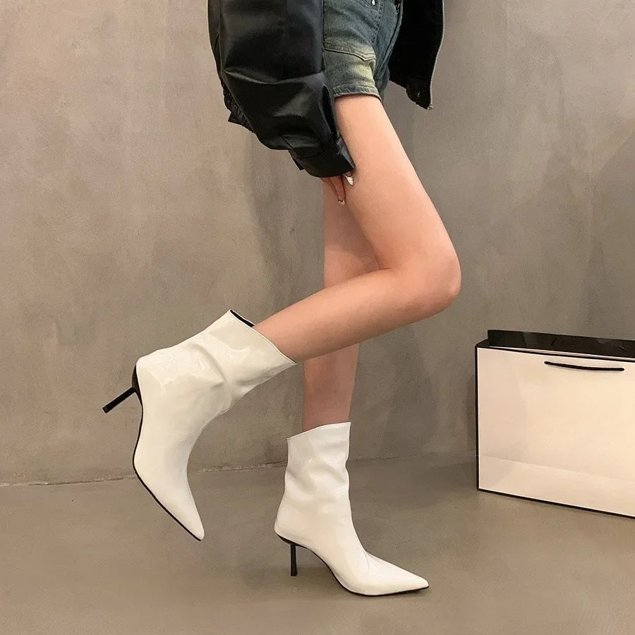 Lunivop Pointed Toe Women Leather Short Boots Fashion Slip on Ankle Booties Thin High Heel Autumn Winter Ladies Shoes Sexy Pumps Boots