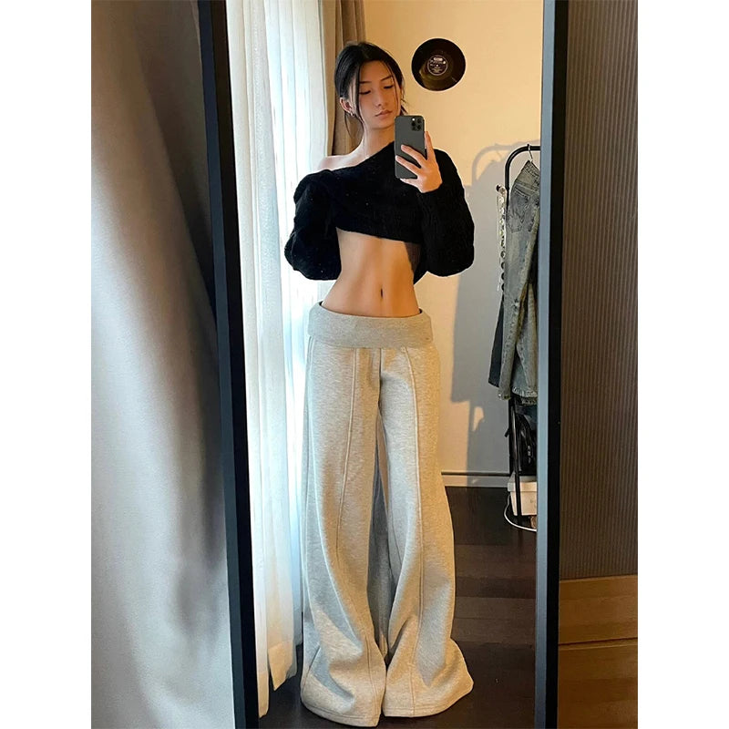 Lunivop Spring Gray Splicing Wide leg pants Contrasting Casual Pants Wide Elastic High Waist Women Straight Leg Chic Street Trousers