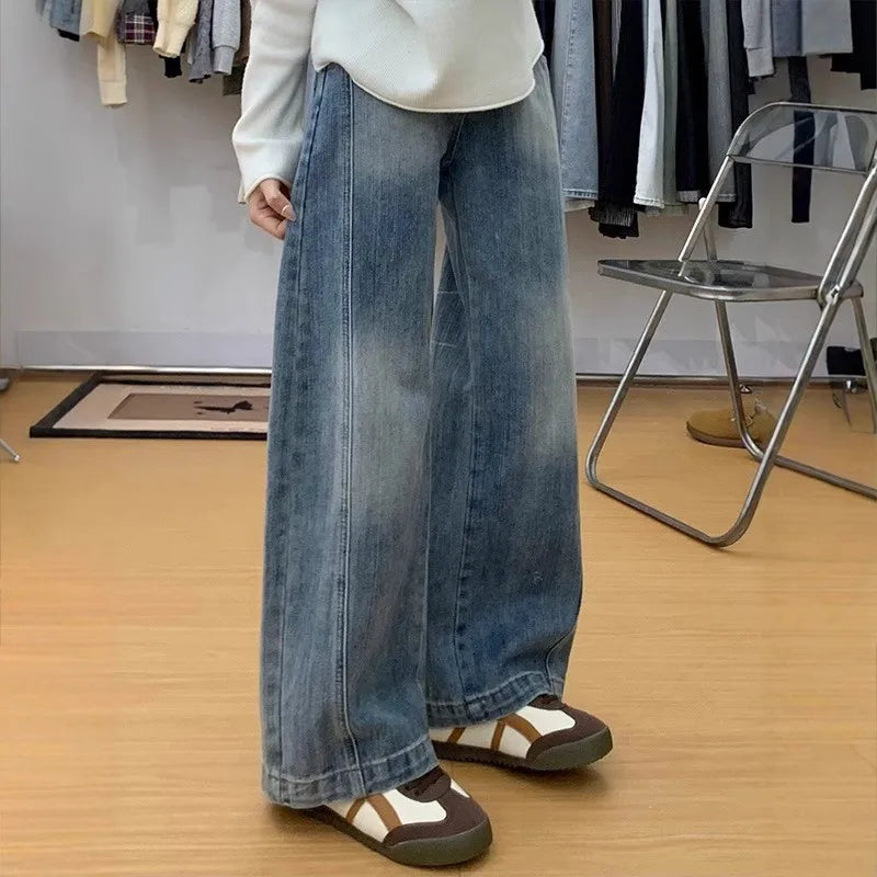 Lunivop  Women's American Retro Wide Leg Curved Knife Jeans Fashion All Match New Plus Size High Waist Flattering Straight Trousers