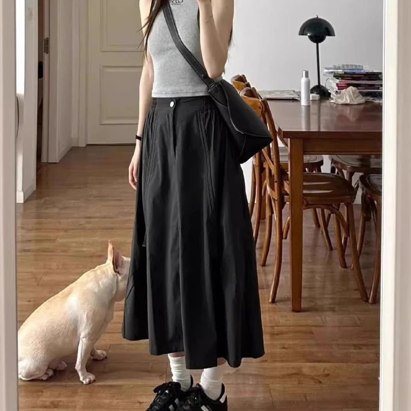 Lunivop Vintage Midi Skirt for Women Gothic High Waist Fashion Umbrella Skirt Retro Loose Solid A-line Ruffle Skirts Streetwear