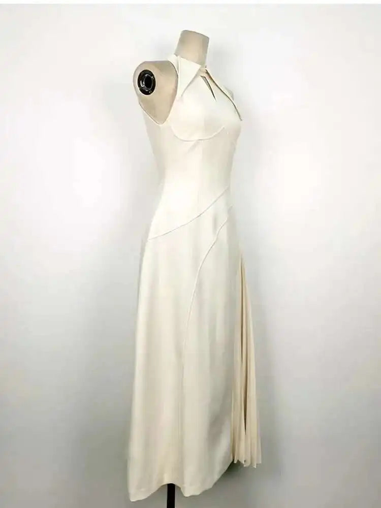 Lunivop Women Fashion Dress Lapel Hollow Out Sleeveless Patchwork Pleated Waist Asymmetric Elegant Dresses Summer New