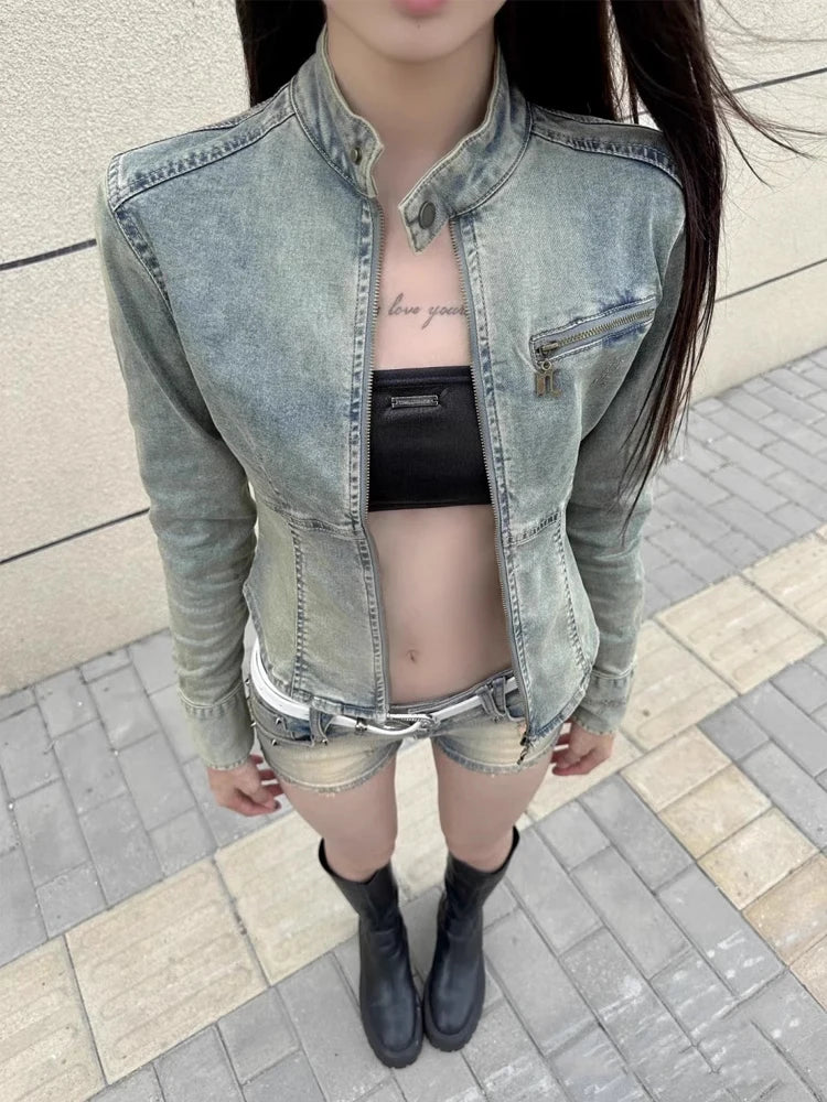 Lunivop Y2k Fashion Korea Grunge Washed Denim Woman Long Sleeve Short Jacket Slimming Zipper Streetwear 90s Autumn Winter Top Outerwears