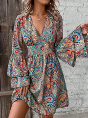 Lunivop  Autumn Winter New Elegant Women Clothing Fashion Flower Printed V-Neck Flare Sleeve Party A-Line Short Dresses