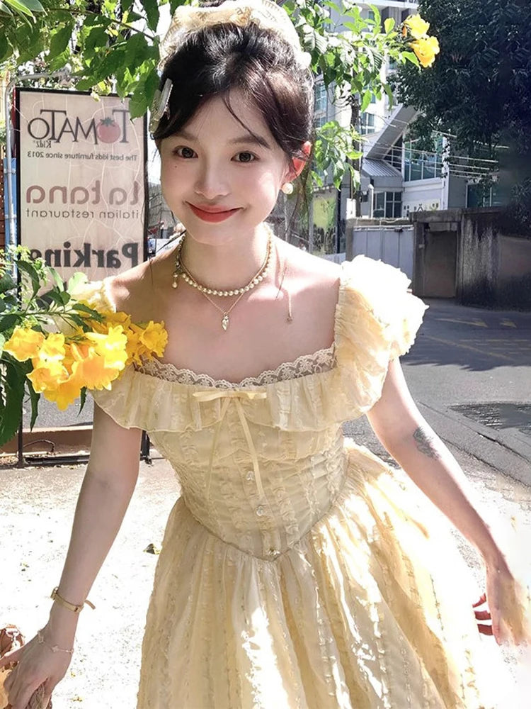 Lunivop  Sweet Sexy Slim Yellow Dress Women Fashion Lace Patchwork Cute Mini Dress Chic Square Collar Puffy Sleeve Elegant Vestidos