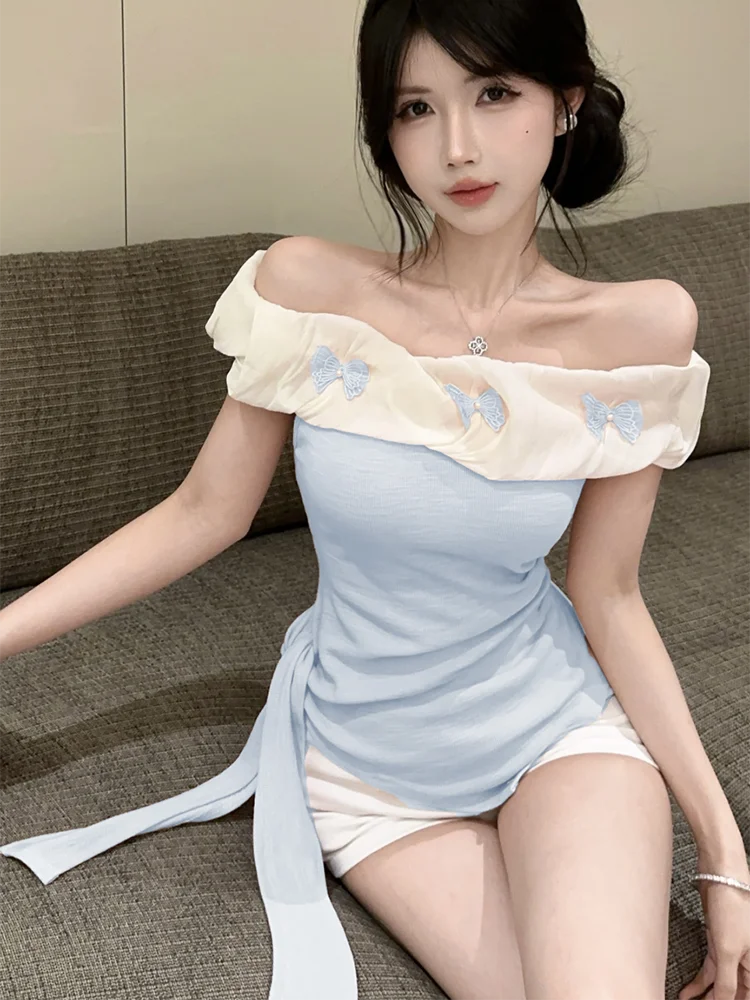Lunivop  Sexy Off Shoulder Slim T Shirt Women Elegant Fashion Slash Neck Sweet Tees Korean Lace Up Design Irregular Butterfly Tops