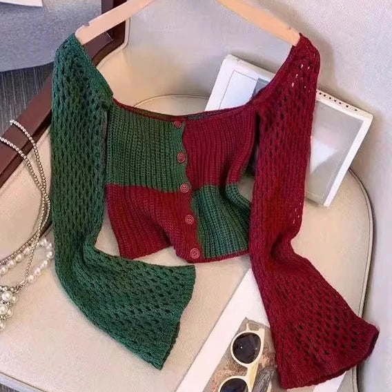 Lunivop  Y2k Aesthetic Contrast Color Square Collar Cardigan Autumn Patchwork Hollow Out Knitted Pull Femme Harajuku Grunge Cropped Tops