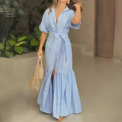 Lunivop  Striped Shirt Dress Women with Sashes Summer Beach Woman Half High Waist Turn-down Collar Pocket A-Line Sundress