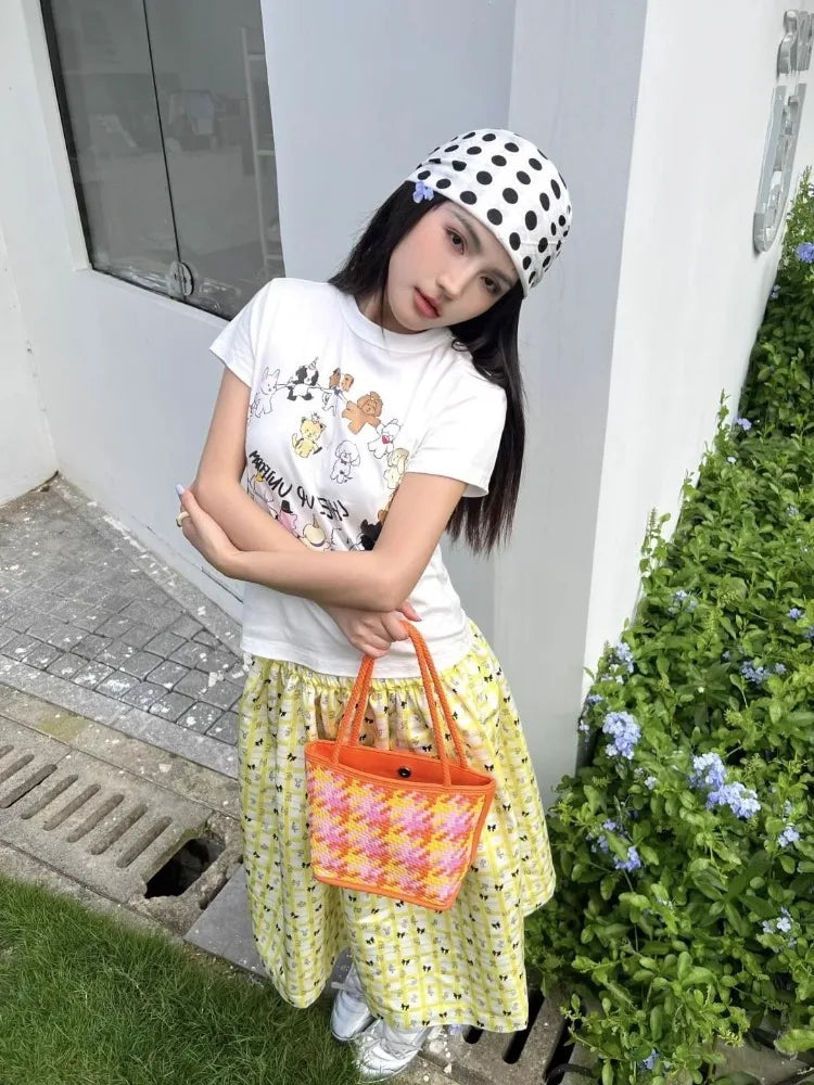 Lunivop  Yellow Plaid Printed Mid-length Skirt for Women Summer Elastic Waist A-line Skirts Y2k High Waist Mid-length Faldas Mujer