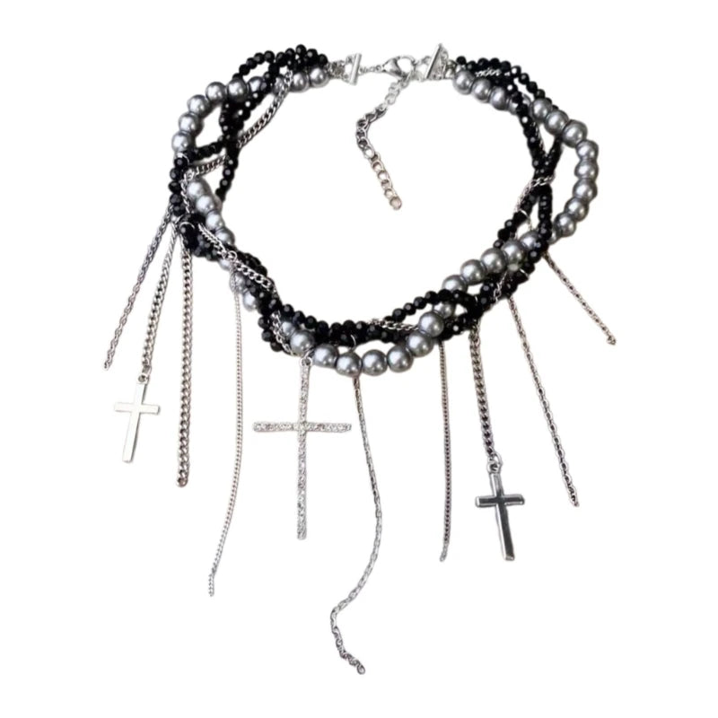 LunivopGrunge Y2K Unique Pearls Entwined Chain Choker with Fringes Crucifix Charm Necklace Jewelry