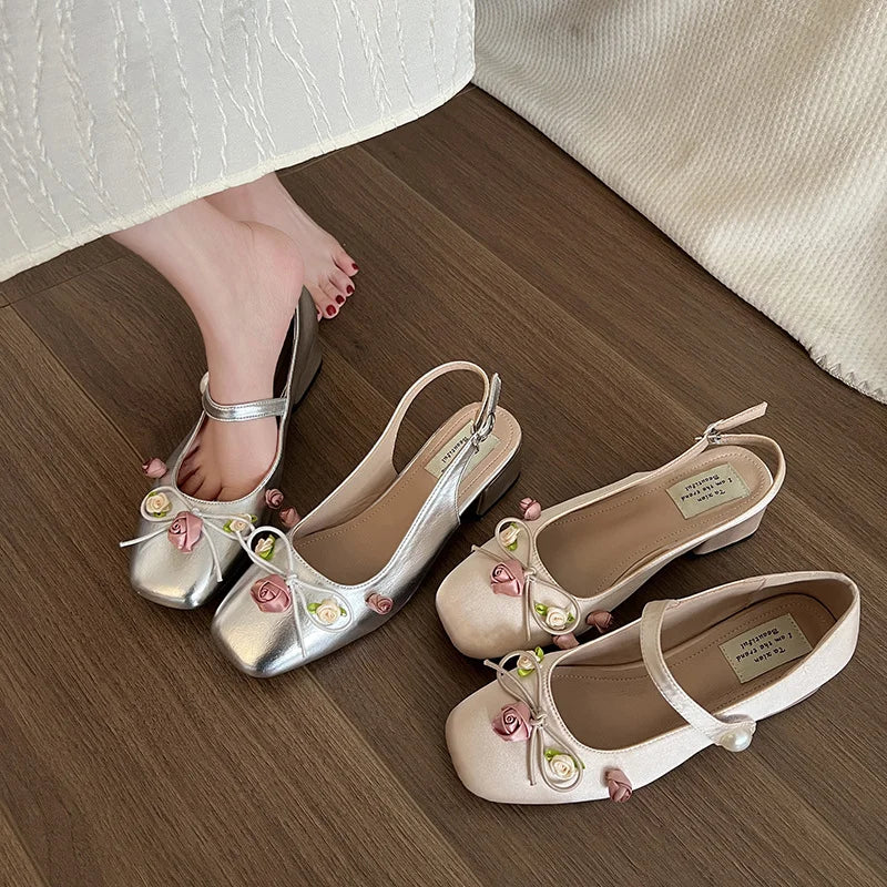 Lunivop Medium Heeled Mary Jane Single Shoes New Women Shoes Fashion Elegant Flower Bow Pumps Square Toe Thick Heeled Ballet Shoes