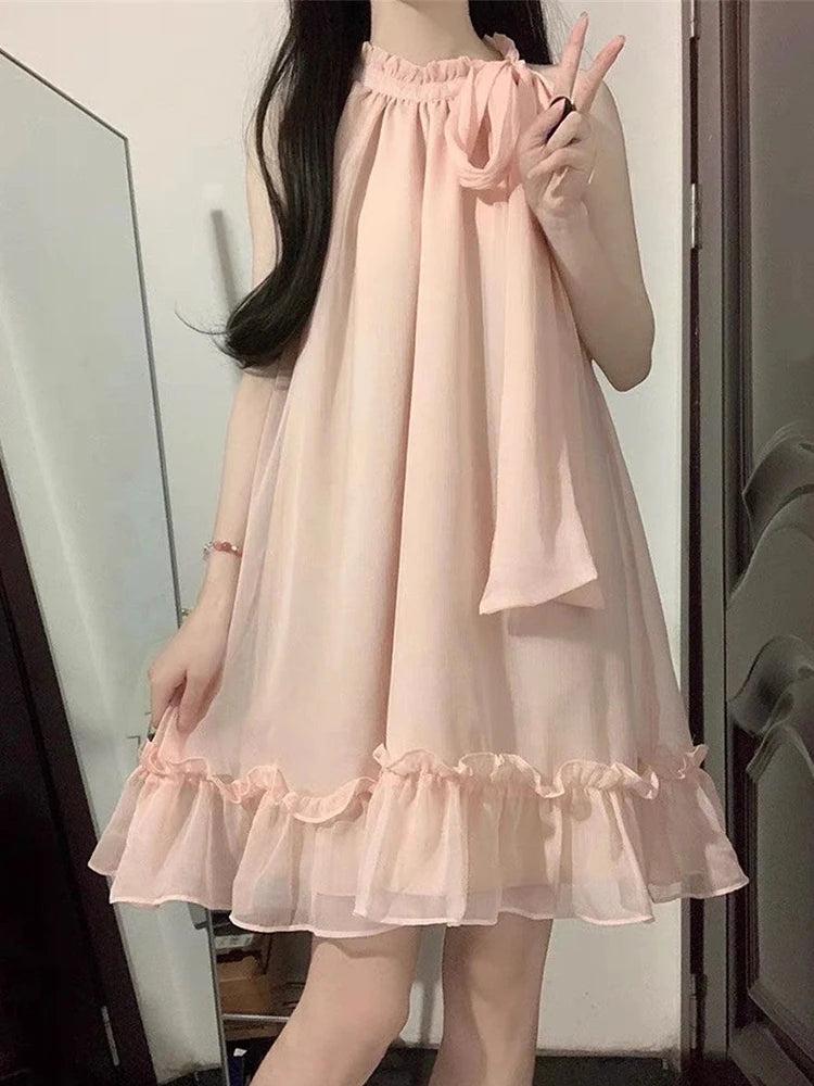 Lunivop  Pink Beach Mini Dress Women Sweet Bow Fashion Casual Korean Sexy Halter Dress Summer Chic Loose Female Elegant Dress New