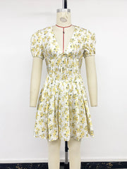 Lunivop  New Floral Print Bow Pleated Summer Dress Women Elegant V-neck Puff Sleeve Mini Dress Female Holiday Beach Sundress