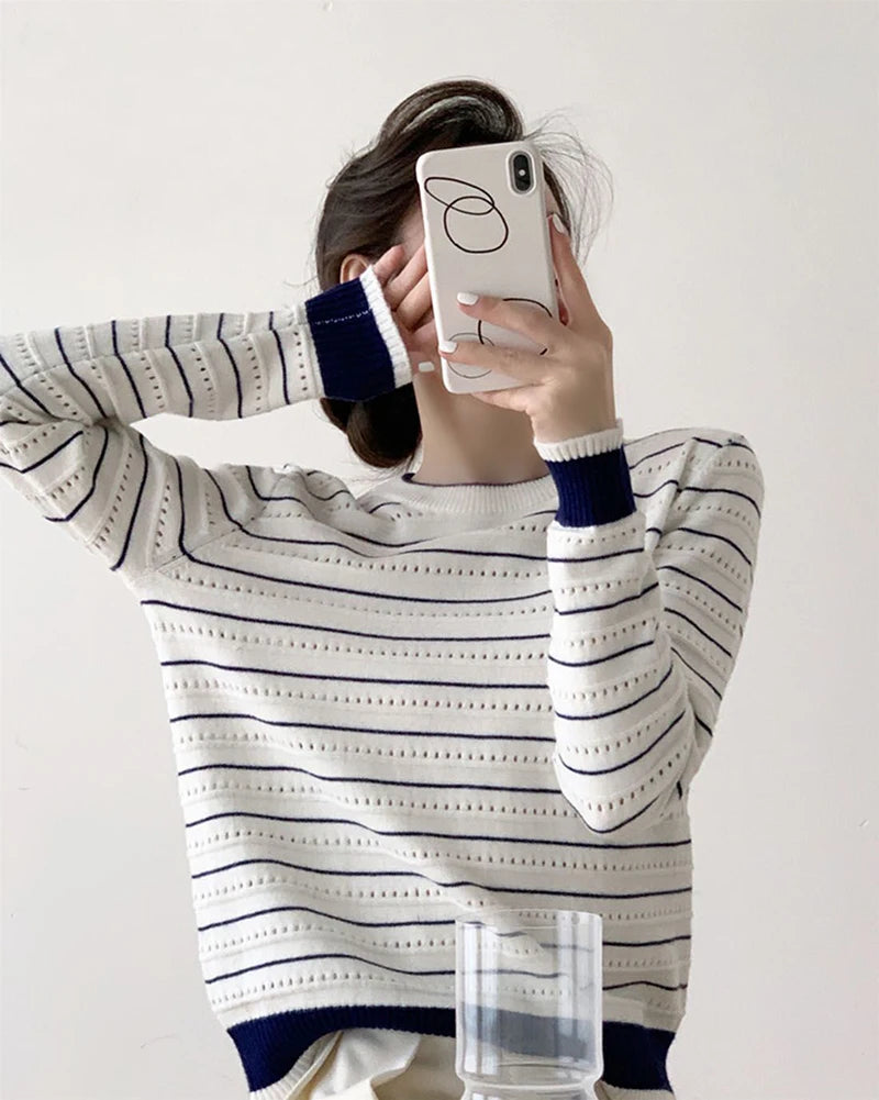 Lunivop Vintage Elegant Striped Sweaters Women Loose O Neck Hollow Out Knitted Pullover French Retro Long Sleeve Casual Jumper Tops