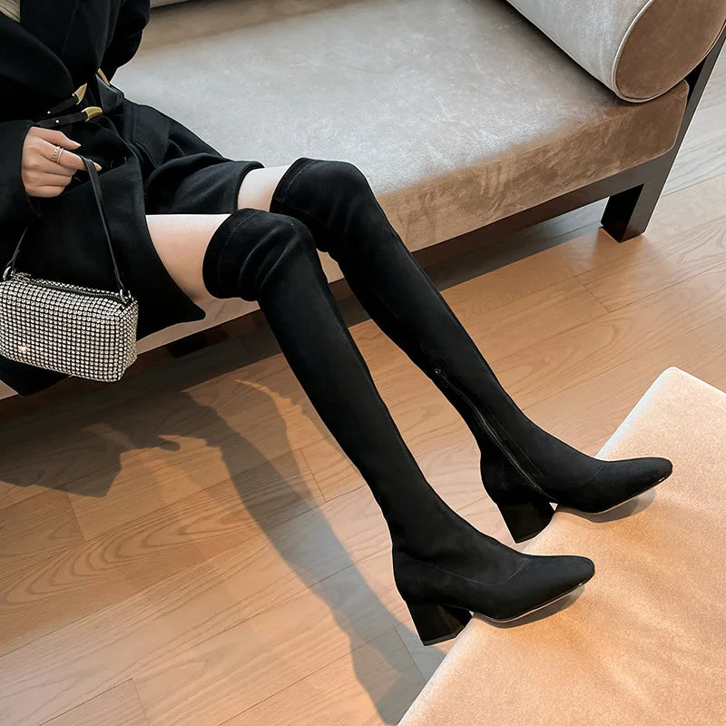 Lunivop Autumn Winter Stretch Over The Knee Boots Women Fashion Suede Round Toe Square Platform Shoes Thick Heels Long Booties