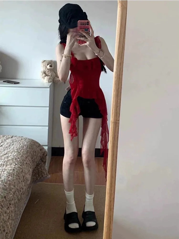 Lunivop  Red Three-dimensional Rose Mesh Ruffle Tank Top Irregular Slim Fit Camisole Vest for Women 2025 Summer New Sweet Crop Tops