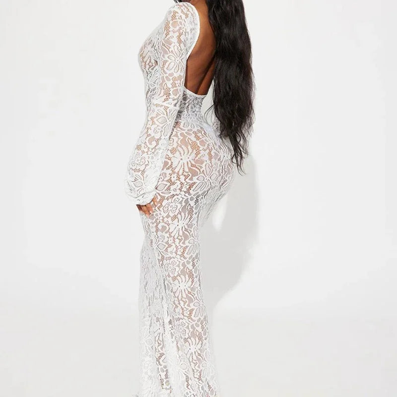 Lunivop White Sexy Lace Hollow Long Sleeve Dress For Women See Through Maxi Dress Hot Girl Fashion Bodycon Backless Outfits Lady