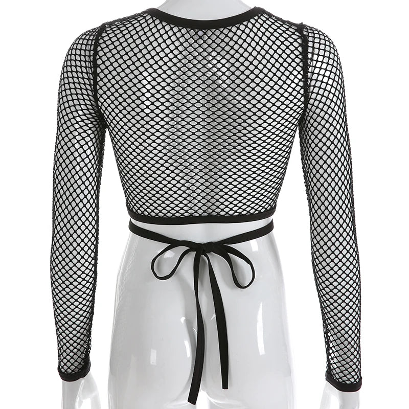 Lunivop  Black Loose Fishnet Holes T Shirt Street Style Bandage See Through Hollow Out Crop Top Women Harajuku Casual Summer Shirt