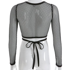Lunivop  Black Loose Fishnet Holes T Shirt Street Style Bandage See Through Hollow Out Crop Top Women Harajuku Casual Summer Shirt