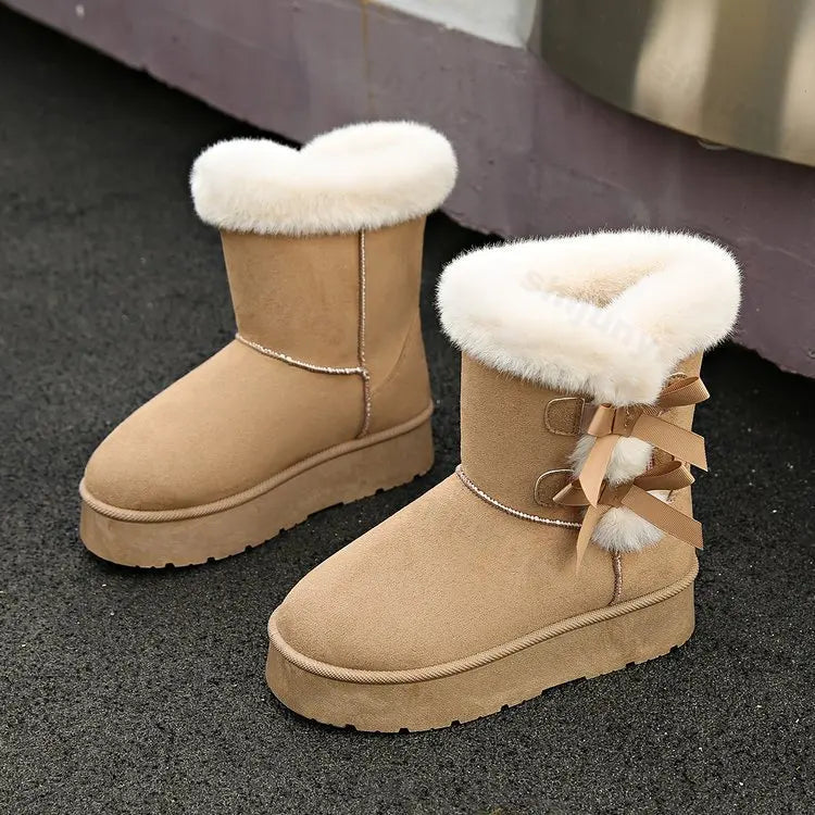 Lunivop Women Snow Boots Winter Mid-calf Boots Warm Cotton Shoes Fashion Bowknot Solid Color Ladies Brown Platform Long Boots Plus Size