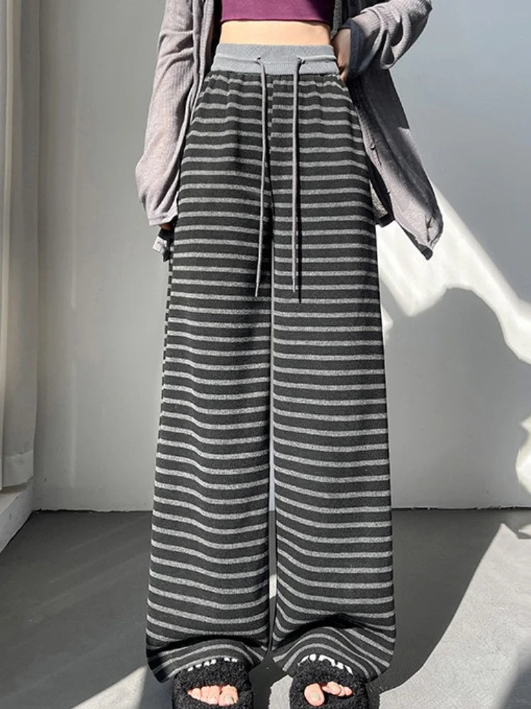 Lunivop  Y2K Black Stripe Wide Leg Pants New Autumn High Waist Drawstring Knit Loose Casual Walking Trouser Floor Length Pants Streetwear