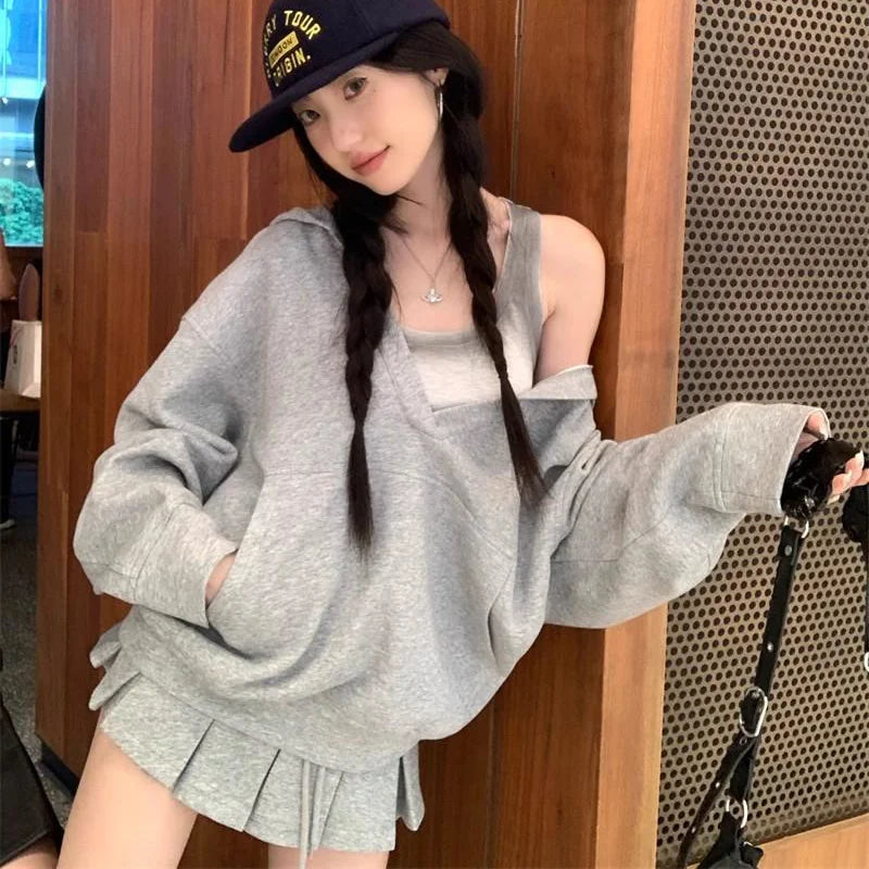 Lunivop Casual Hooded Pullover Top Women Y2K V-neck Hoodies Solid Harajuku Long Sleeve Hoodie Oversized Tops Female Loose Clothing