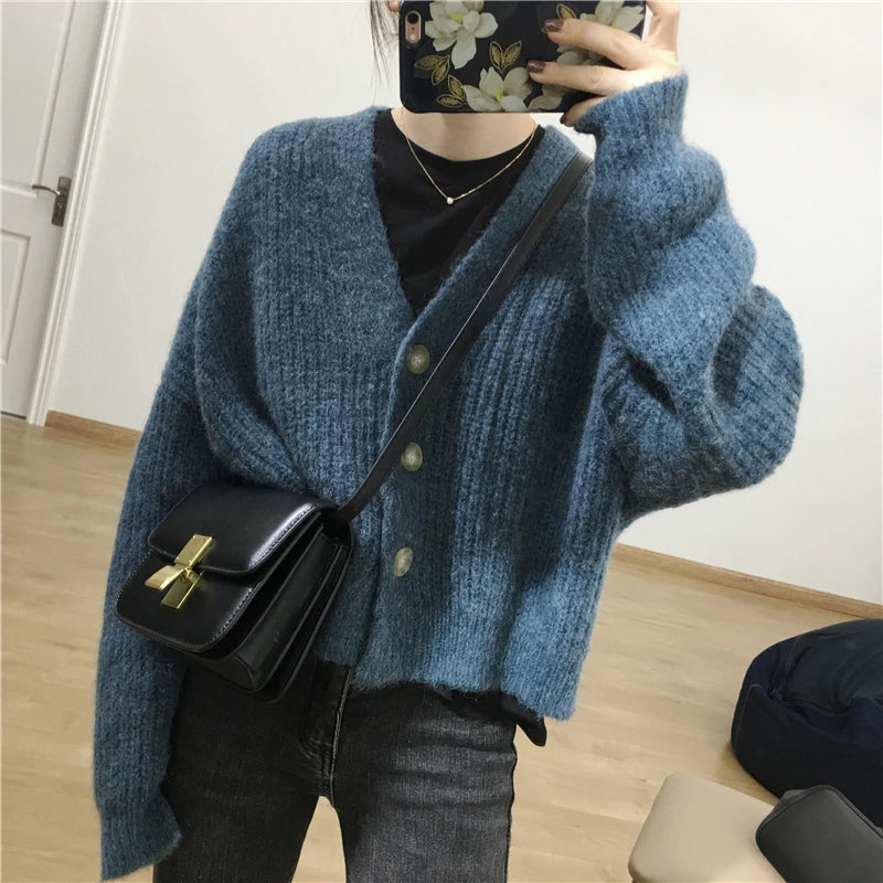 Lunivop Cardigan Women Cocoon Knitted Long Sleeve V-neck Crop Sweater Jacket Fall Winter 2025 Casual Cozy Outfit