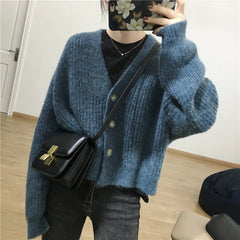 Lunivop Cardigan Women Cocoon Knitted Long Sleeve V-neck Crop Sweater Jacket Fall Winter 2025 Casual Cozy Outfit