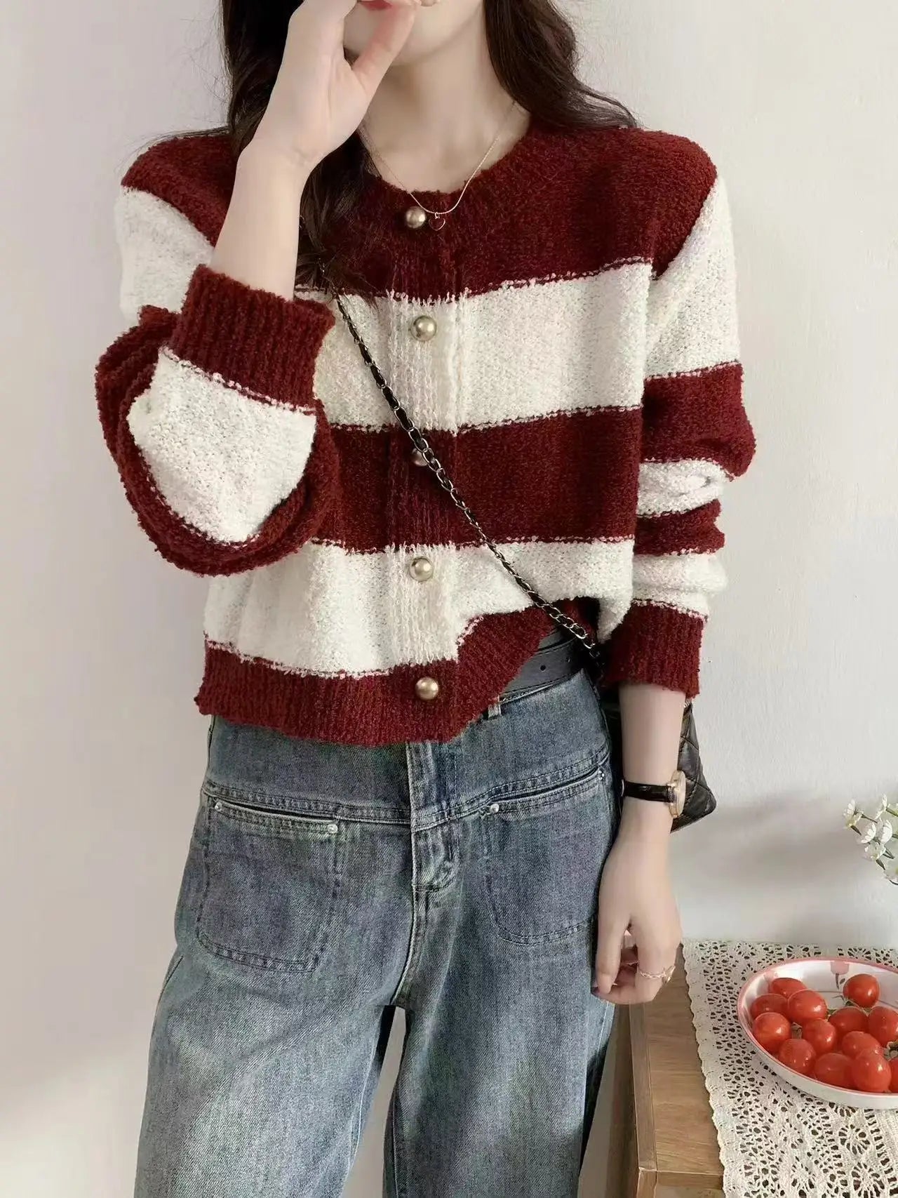 Lunivop Women's Acrylic Long Sleeve O-Neck Button-Down Striped Cropped Knit Cardigan Ladies Autumn Winter Korean Fashion Knitwear