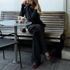 Lunivop  Autumn Winter Wide Leg Pants Set Women Fashion Casual Skew Collar Full Sleeve Pullover Slim Tees+Trousers Solid Daily Streetwear