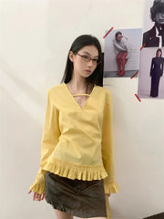 Lunivop Fall 2025 Fashion Woman Yellow Long Sleeve Blouse Ruffles Flare Sleeve V Neck Fashion Top Ladies Blouses Autumn Clothes