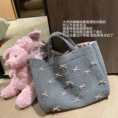 Lunivop Large Capacity Grey Tote Bag Women Harajuku Bow Chic Canvas Handbag Messenger Bag Ladies Casual Crossbody Bags Aesthetic