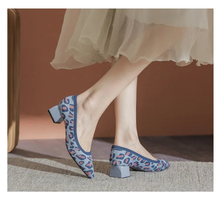 Lunivop Single Shoes Women's New Versatile Knitted Shoes Thick Heels and Pointed Toes Slip on Mesh Light Shoes 40 Zapatos De Mujer