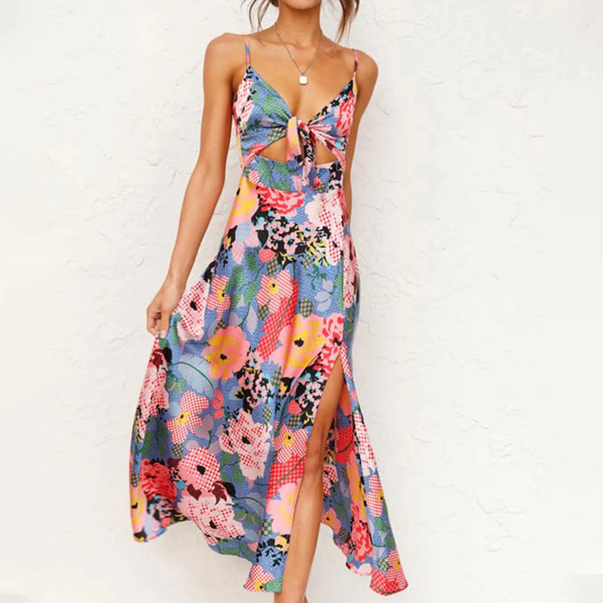 Lunivop  Womens Summer Dress Tucked Waist Chest Bow Floral Print Sleeveless Adjustable Strap Side Split Dress High Waisted Sexy Dresses