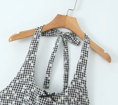 Lunivop  Backless Party Robe midi long dresses Tartan Print Halter Mini Dress Sexy Embroidery Plaid Bow