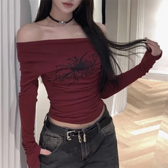Lunivop Gothic Print Grunge T Shirt Women Long Sleeve Off Shoulder Y2k Vintage Tops Streetwear Korean Style Crop Top Autumn Winter