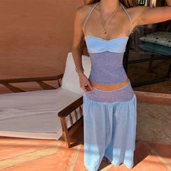 Lunivop  2 Piece Set Women Colorblock Backless Crop Top Low Waist Maxi Skirt Summer Beach Vacation Ibiza Outfit